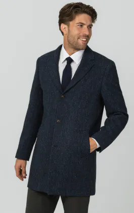Harris Tweed blauwe overjas met visgraat patroon