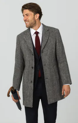 Harris Tweed grijze overjas met visgraat patroon