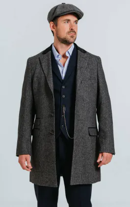 Grijs visgraat tweed overjas met fluwelen afwerking