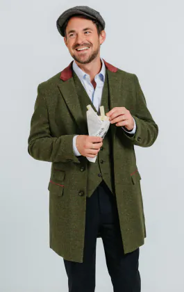 Groen groot geruit tweed overjas met fluwelen afwerking