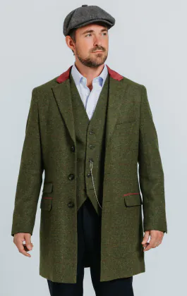 Groen groot geruit tweed overjas met fluwelen afwerking