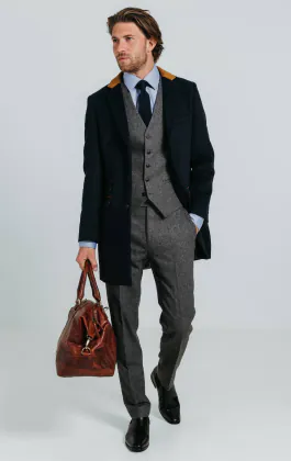 Navy overjas met tan afwerking