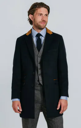Navy overjas met tan afwerking