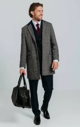 Grijs en blauw geruite tweed wolmix overjas met fluwelen afwerking
