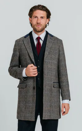 Grijs en blauw geruite tweed wolmix overjas met fluwelen afwerking