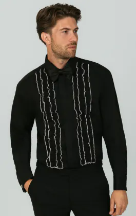 Zwart smokinghemd met wit getipte ruffle voorkant