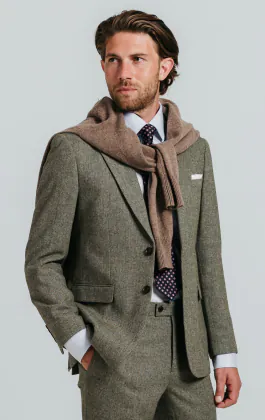 Sage groen visgraat tweed pak