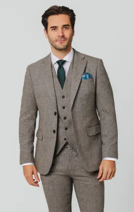 Bruin visgraat tweed 3 delig pak