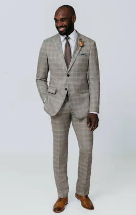 Taupe geruit pak met piek revers