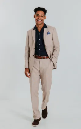 Zand kleurig linnen slim fit kostuum
