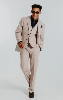Zand kleurig linnen 3 delig slim fit kostuum