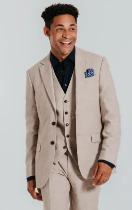 Zand kleurig linnen 3 delig slim fit kostuum