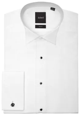 Wit slim-fit smokinghemd met rokboordje en marcella voorkant