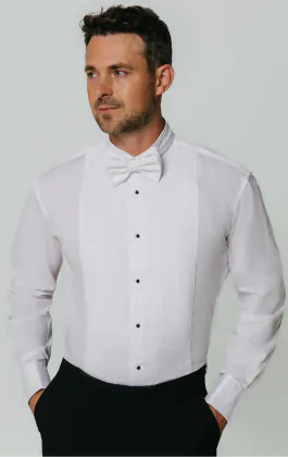 Wit slim-fit smokinghemd met rokboordje en marcella voorkant