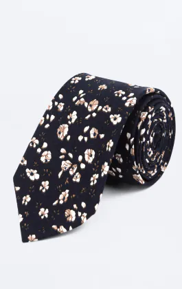 Blauw met witte gebloemde stropdas