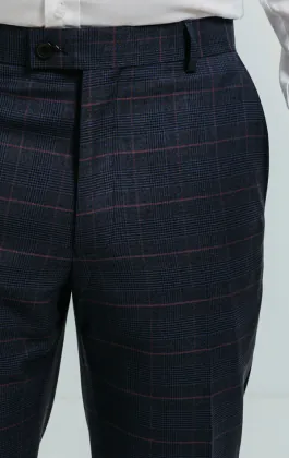 Marineblauw met roze geruit pantalon