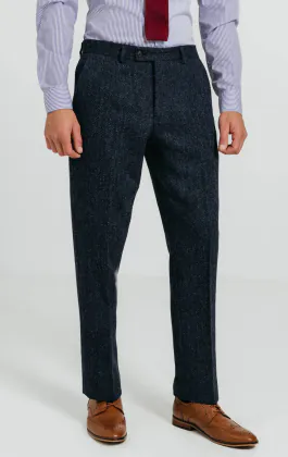 Harris Tweed blauwe pantalon met visgraat patroon
