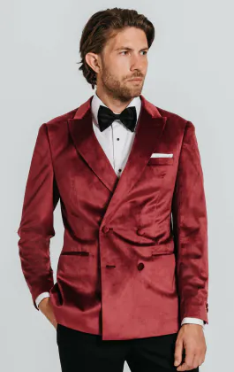 Bordeaux rood fluwelen double breasted smoking met zwart pantalon