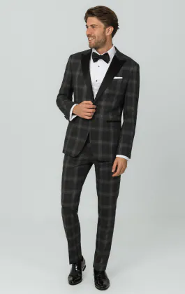Grijze tartan geruite smoking met piek revers