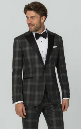 Grijze tartan geruite smoking met piek revers