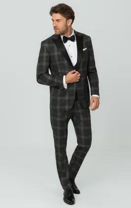 Grijze tartan geruite 3 delig smoking met piek revers