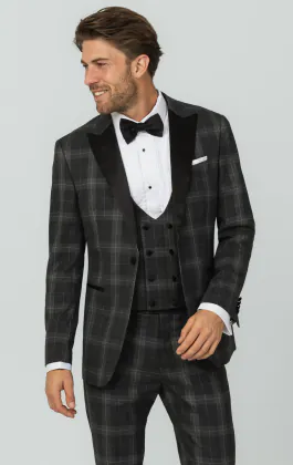 Grijze tartan geruite 3 delig smoking met piek revers
