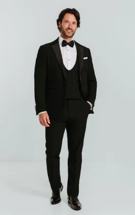 Zwart slim fit 3 delig smoking met revers kraag