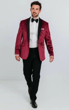 Bordeaux rood fluwelen smoking met zwart pantalon