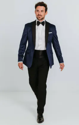 Navy paisley fluweel smoking met zwarte pantalon