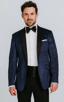 Navy paisley fluweel smoking met zwarte pantalon