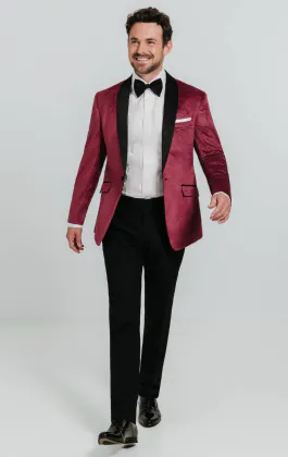 Bordeaux rood paisley fluweel smoking met zwarte pantalon
