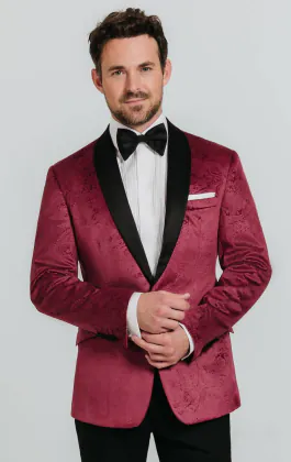 Bordeaux rood paisley fluweel smoking met zwarte pantalon