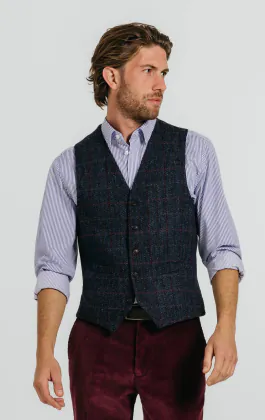 Harris Tweed donkerblauw geruit tweed gilet