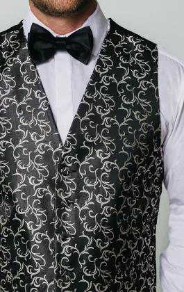 Gilet in zwart met een zilver wervel motief in jacquard