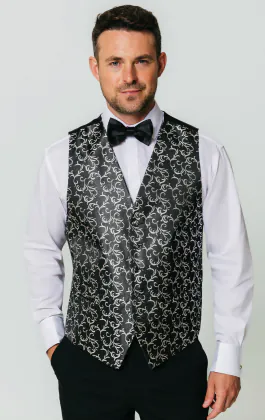 Gilet in zwart met een zilver wervel motief in jacquard
