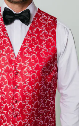 Gilet in rood met een zilver wervel motief in jacquard