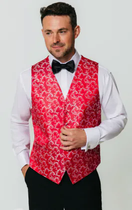 Gilet in rood met een zilver wervel motief in jacquard