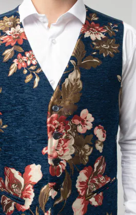 Blauw gebloemd brokaat gilet