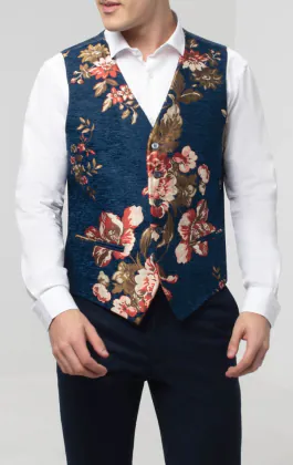 Blauw gebloemd brokaat gilet