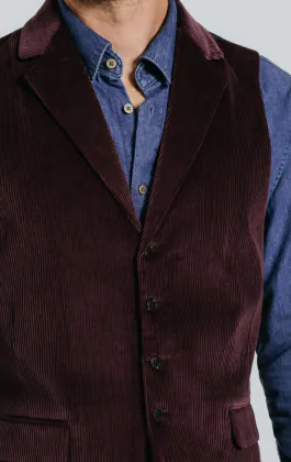 Bordeaux rood corduroy double breasted gilet met revers kraag
