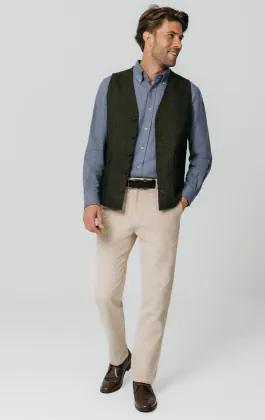 Groen visgraat tweed gilet met opgezette zakken