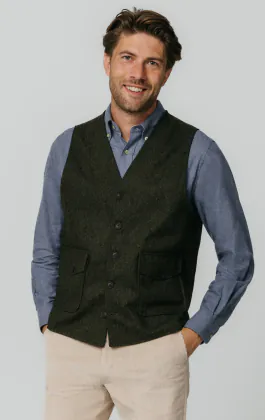 Groen visgraat tweed gilet met opgezette zakken