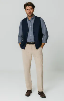 Marineblauw visgraat tweed gilet met opgezette zakken